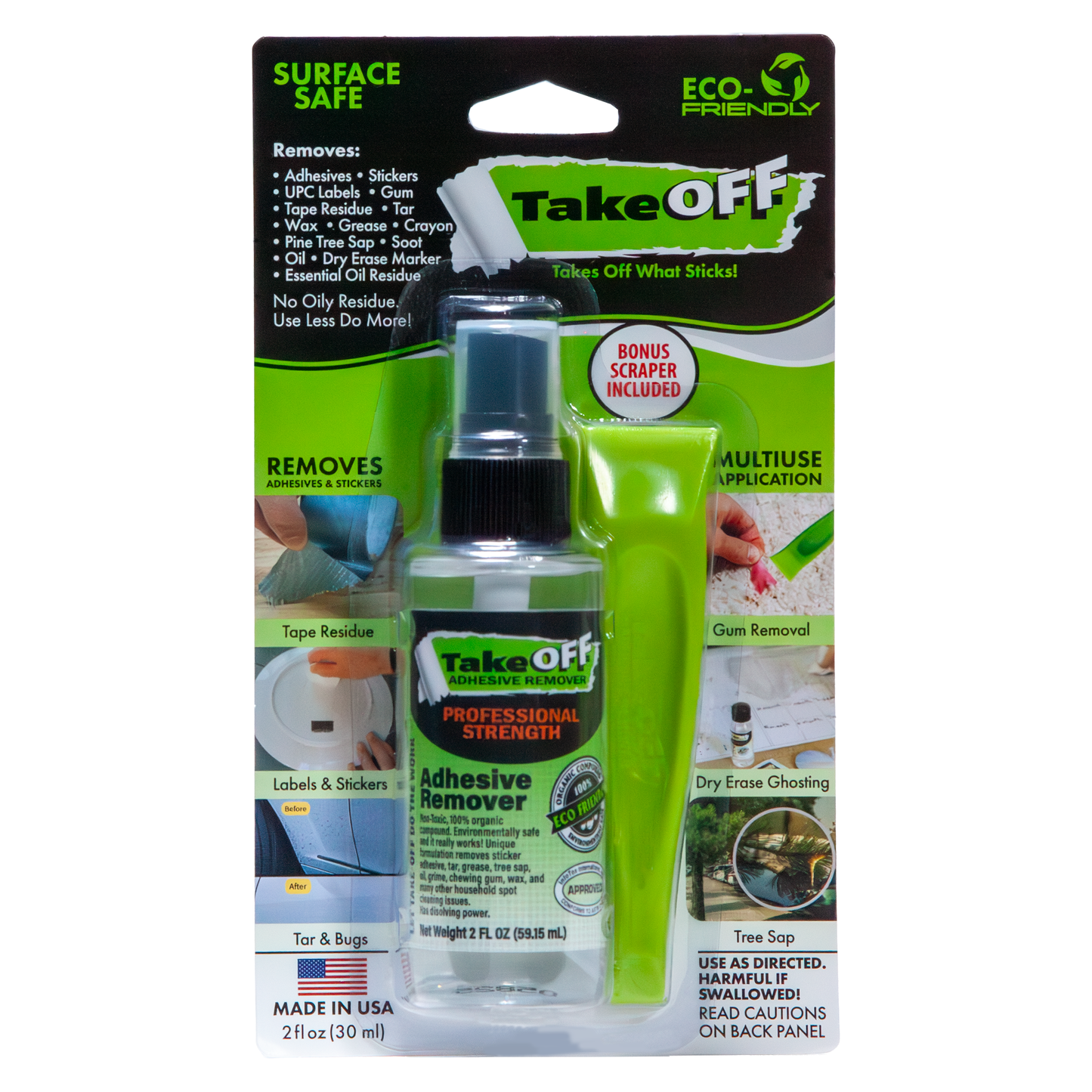 TakeOFF™ Products Original Clear Liquid Solution- 2 Ounce Spray Bottle Bundled with Surface Safe Scraper