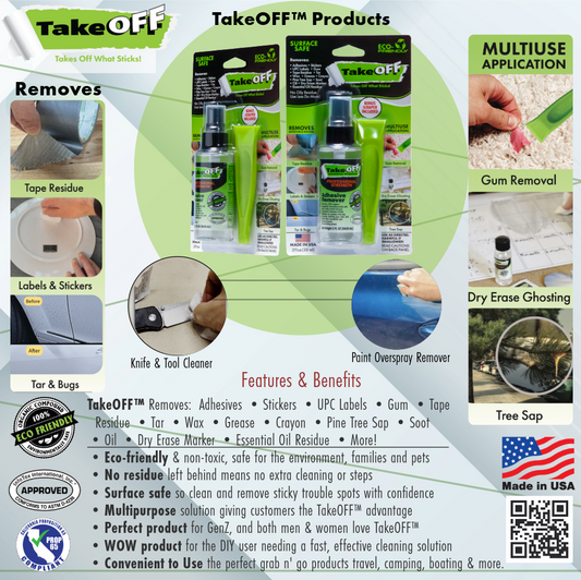 TakeOFF™ Products Original Clear Liquid Solution- 2 Ounce Spray Bottle Bundled with Surface Safe Scraper